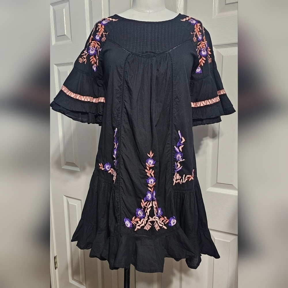 Free People Pavlo Cotton Embroidered Black Flounce Fairycore Dress Sz XS - Picture 7 of 10